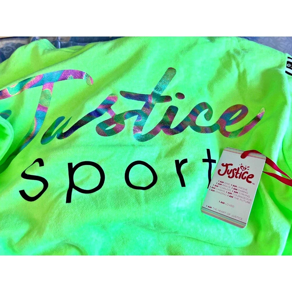 Justice Sport Lime Green Black Stripes Cropped Hoodie Youth Large NWT